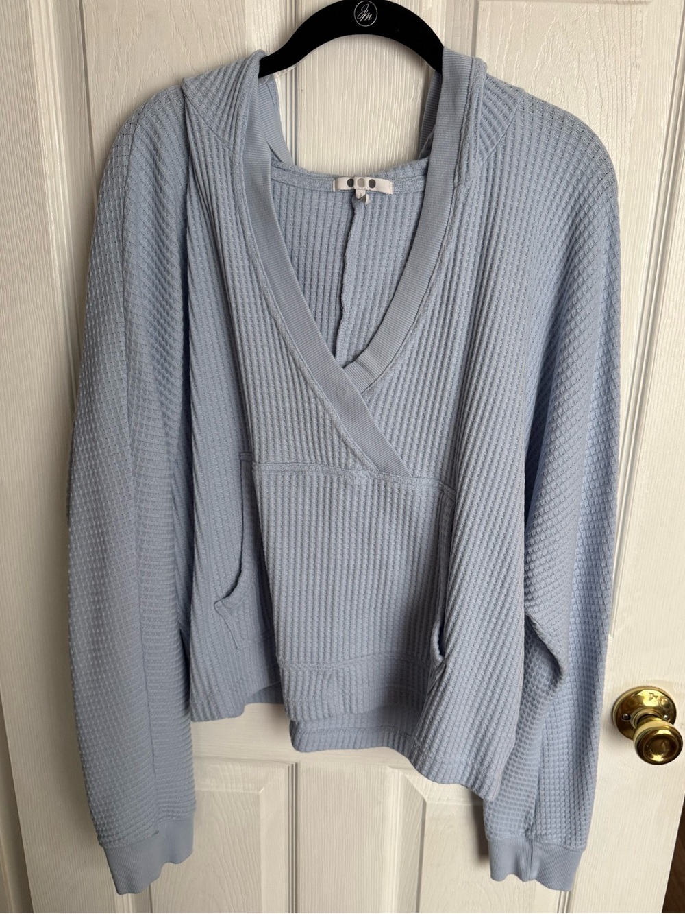 Three Dots Light Blue Waffle V-Neck Pullover Thermal Hoodie